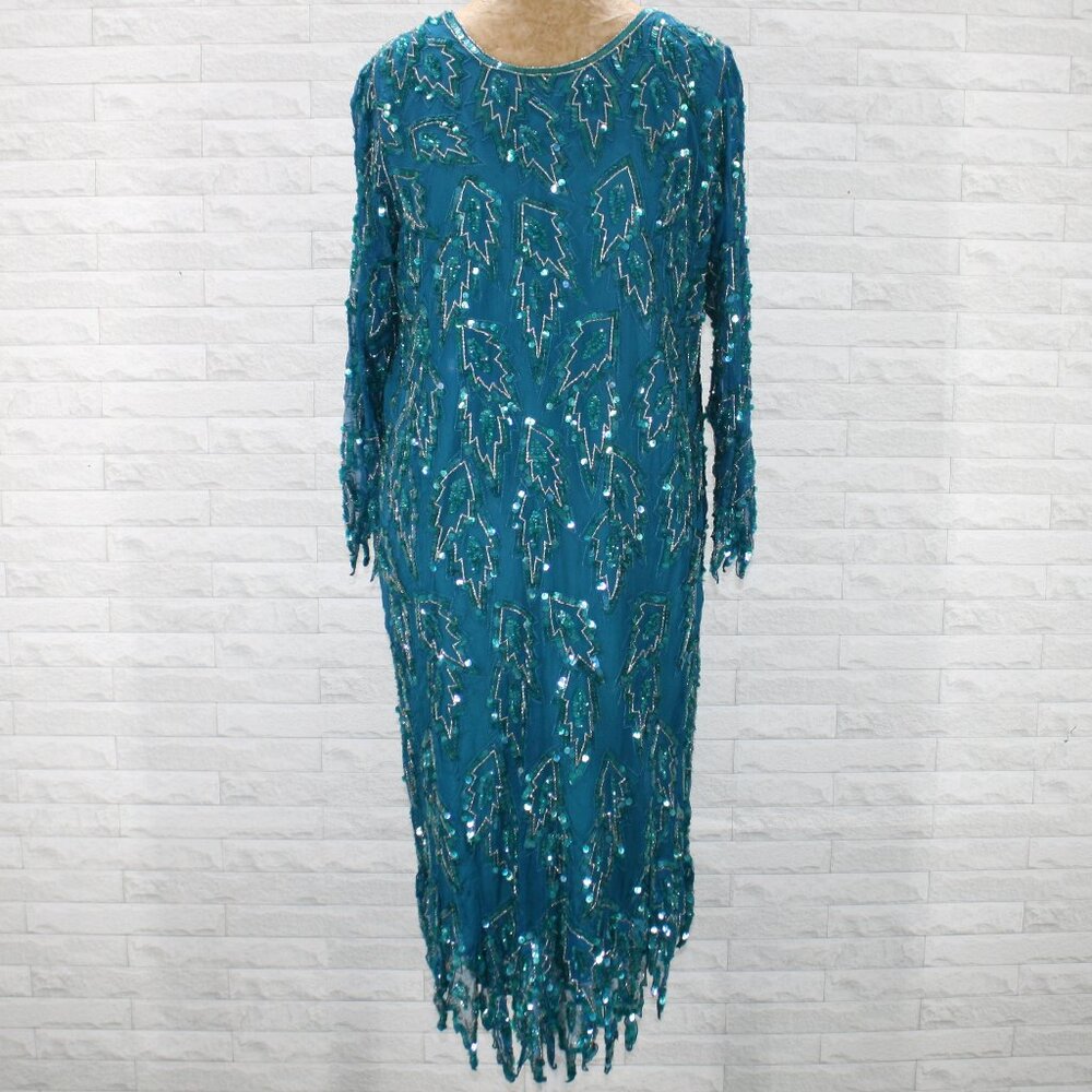 VINTAGE SCALA Dress Sequin Silk Formal Asymmetrical Hem Beaded Abstract Green L